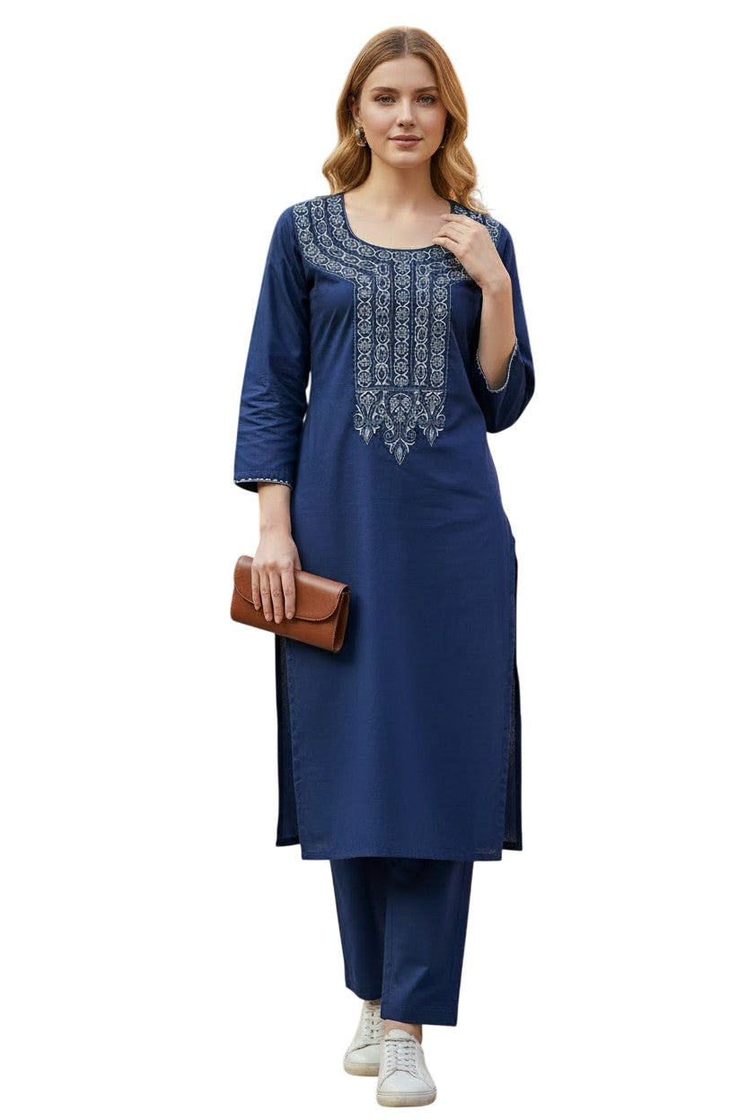 Women Cotton Suits with Kashmiri Hand Embroidery Two Piece Suit - Blue