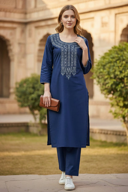 Women Cotton Suits with Kashmiri Hand Embroidery Two Piece Suit - Blue