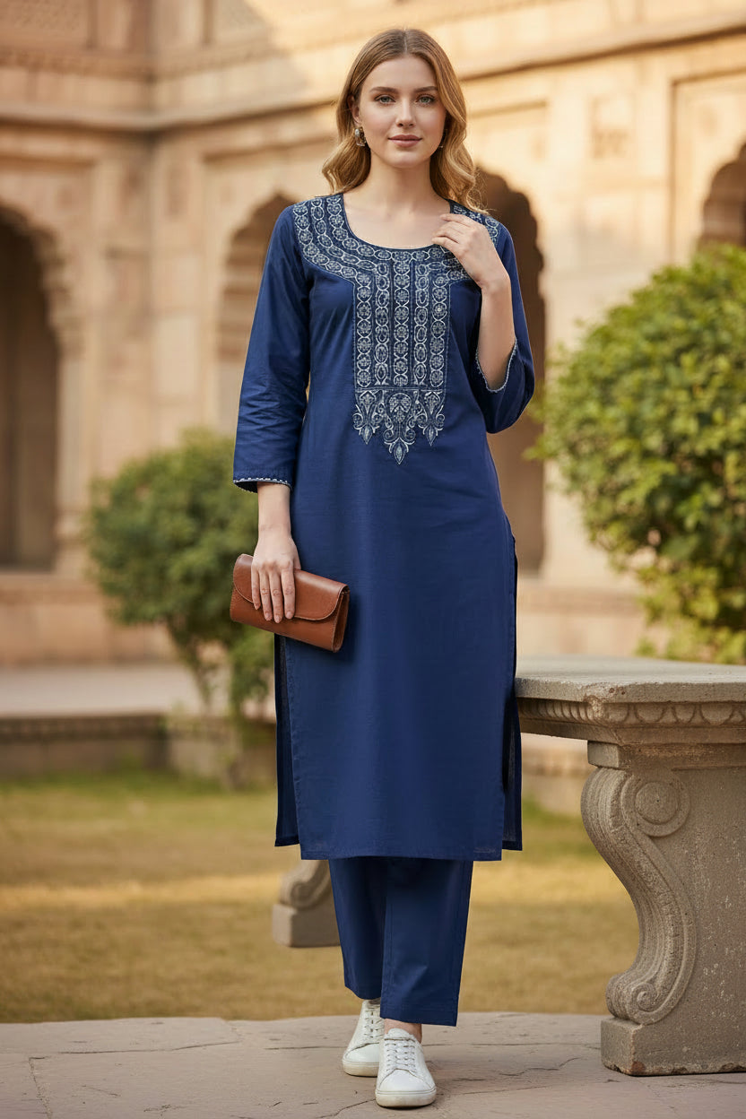 Women Cotton Suits with Kashmiri Hand Embroidery Two Piece Suit - Blue
