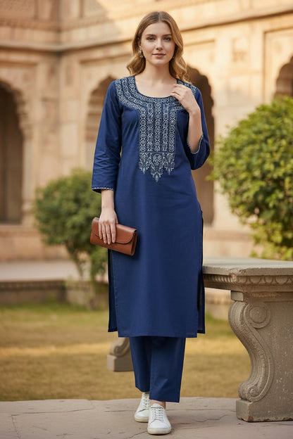 Women Cotton Suits with Kashmiri Hand Embroidery Two Piece Suit - Blue