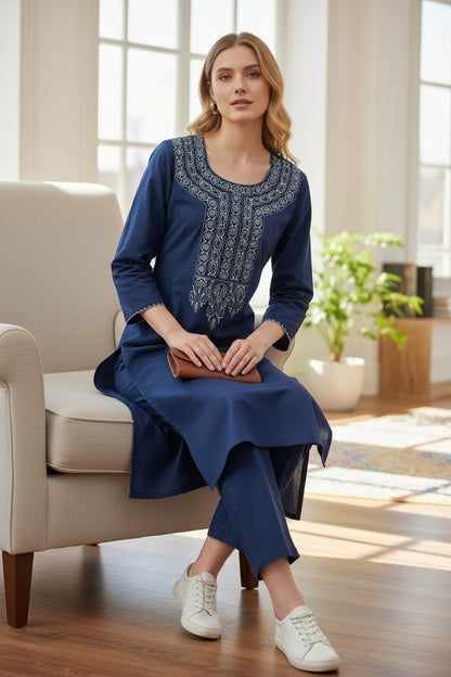 Women Cotton Suits with Kashmiri Hand Embroidery Two Piece Suit - Blue