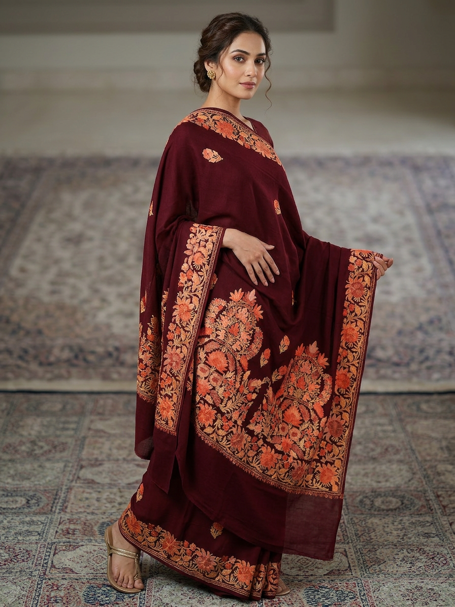 Women's Sarees with Kashmiri Aari Embroidery | Georgette Saree with Unstitched Blouse Pieces. -  Maroon