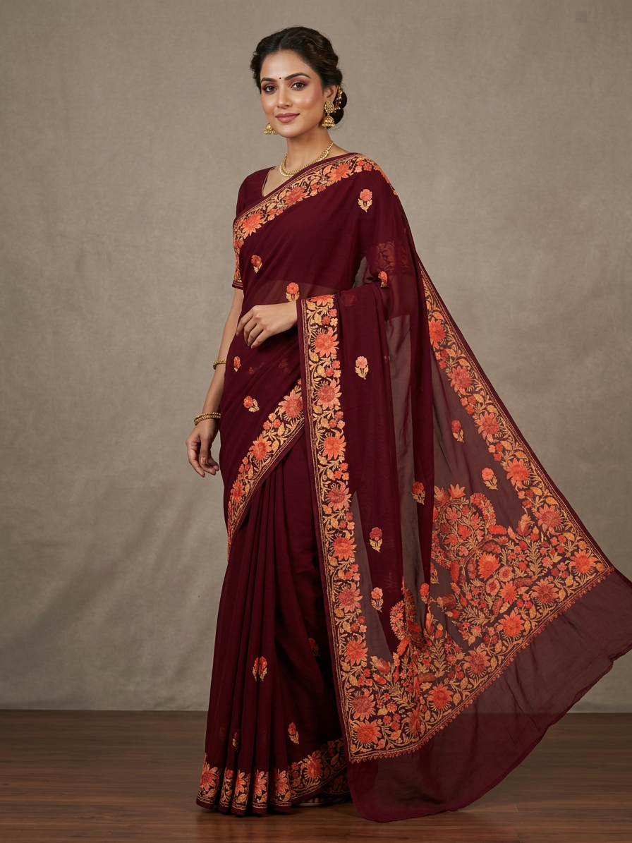Women's Sarees with Kashmiri Aari Embroidery | Georgette Saree with Unstitched Blouse Pieces. -  Maroon