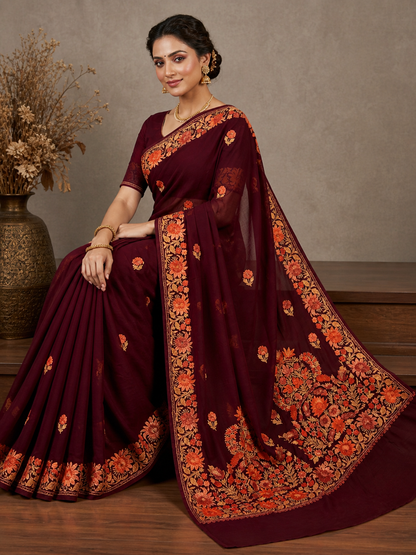 Women's Sarees with Kashmiri Aari Embroidery | Georgette Saree with Unstitched Blouse Pieces. -  Maroon