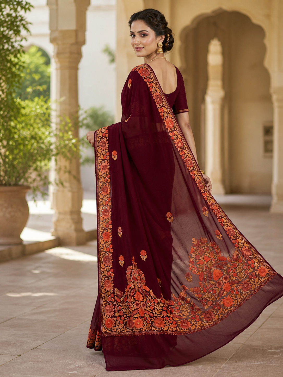 Women's Sarees with Kashmiri Aari Embroidery | Georgette Saree with Unstitched Blouse Pieces. -  Maroon