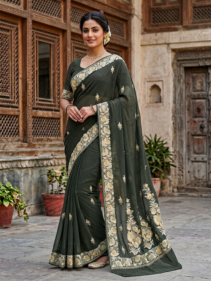 Women's Sarees with Kashmiri Aari Embroidery | Silk Saree with Unstitched Blouse Pieces. -  Green