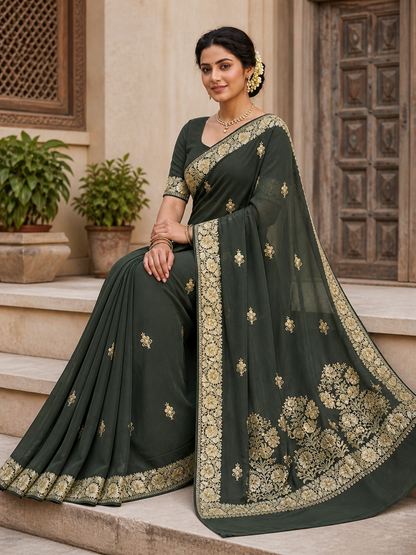 Women's Sarees with Kashmiri Aari Embroidery | Silk Saree with Unstitched Blouse Pieces. -  Green