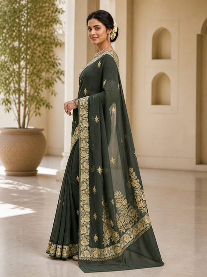 Women's Sarees with Kashmiri Aari Embroidery | Silk Saree with Unstitched Blouse Pieces. -  Green