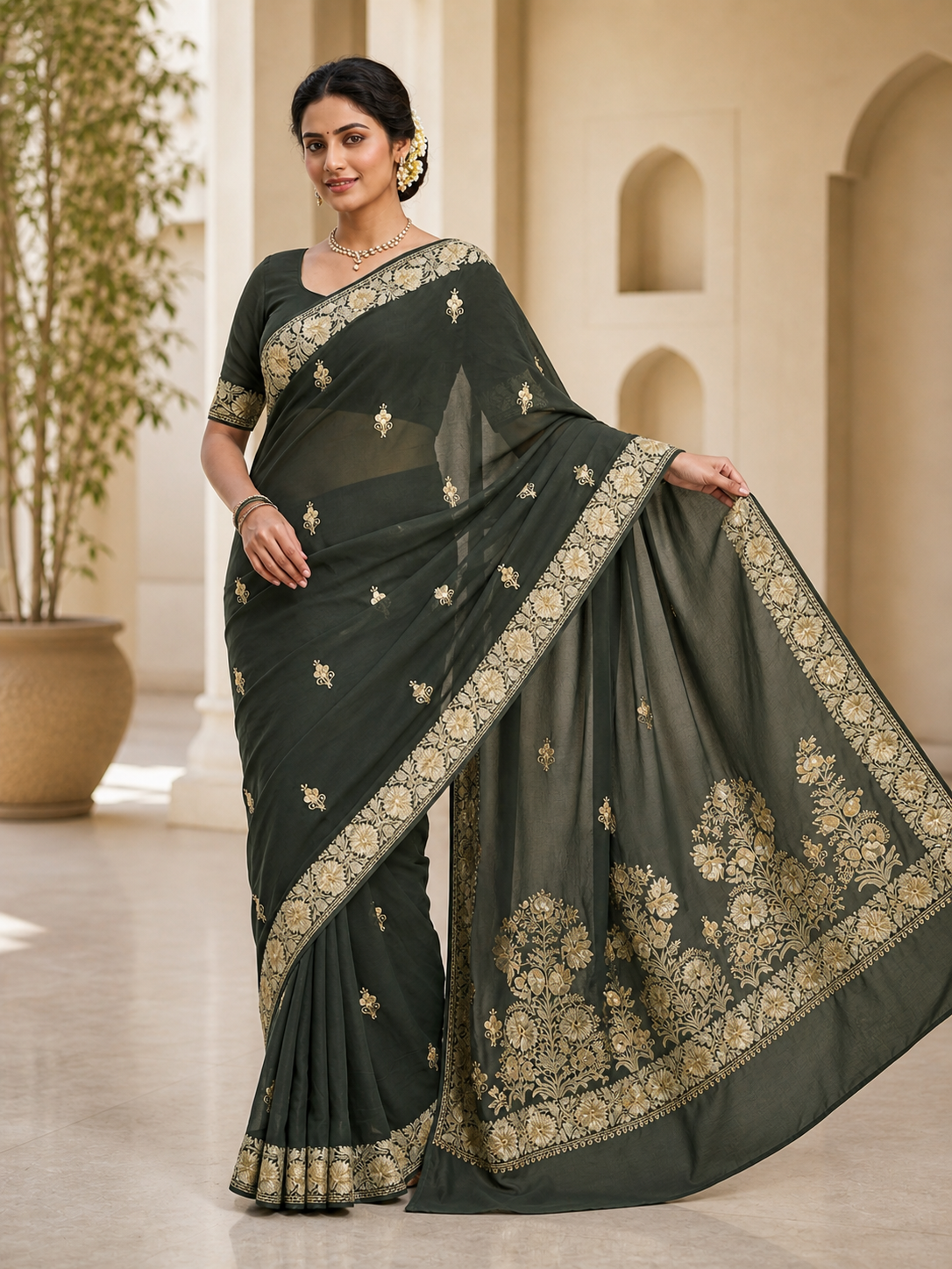 Women's Sarees with Kashmiri Aari Embroidery | Silk Saree with Unstitched Blouse Pieces. -  Green