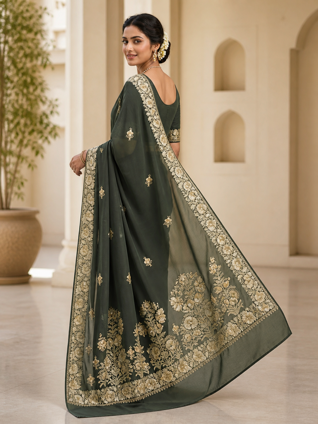 Women's Sarees with Kashmiri Aari Embroidery | Silk Saree with Unstitched Blouse Pieces. -  Green