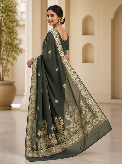 Women's Sarees with Kashmiri Aari Embroidery | Silk Saree with Unstitched Blouse Pieces. -  Green