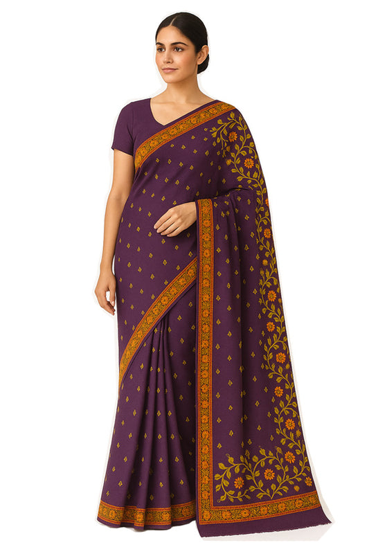 Women's Silk Sarees Embroidered with Kashmiri Aari work | Stylish Saree with Unstitched Blouse Pieces. - Purple