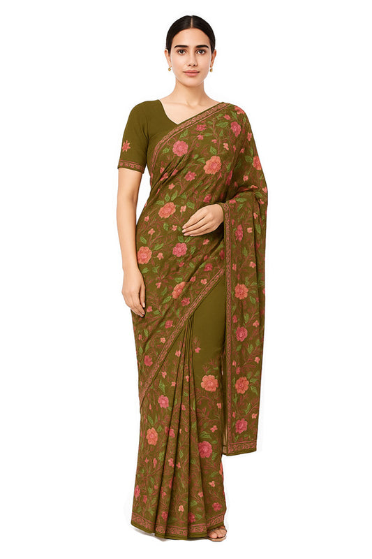 Women's georgette Sarees Embroidered with Kashmiri Aari work | Stylish Saree with Unstitched Blouse Pieces. (Maroon-4)
