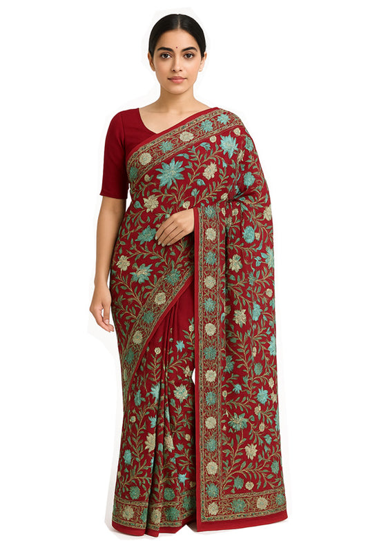 Women's Silk Sarees Embroidered with Kashmiri Aari work | Stylish Saree with Unstitched Blouse Pieces. (Maroon-4)