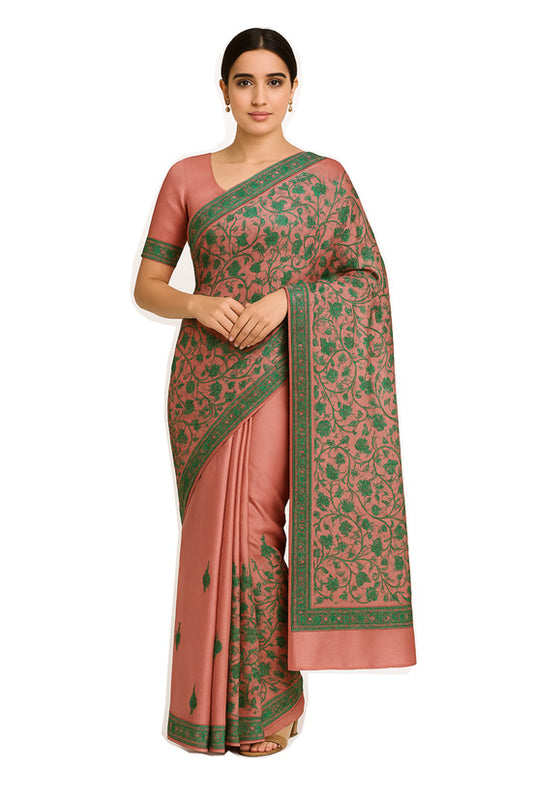 Women's Silk Sarees Embroidered with Kashmiri Aari work | Stylish Saree with Unstitched Blouse Pieces. Pink2