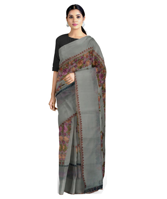 Women's Silk Sarees Embroidered with Kashmiri Aari work | Stylish Saree with Unstitched Blouse Pieces. (Geogrette_Beige-3)