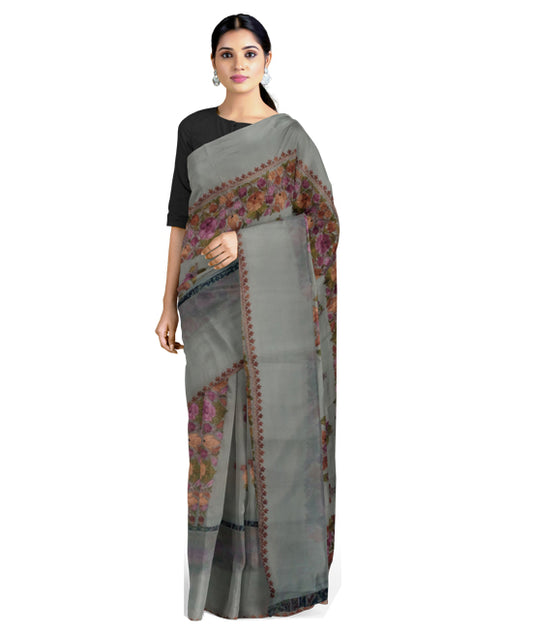 Women's Silk Sarees Embroidered with Kashmiri Aari work | Stylish Saree with Unstitched Blouse Pieces. (Geogrette_Beige-3)