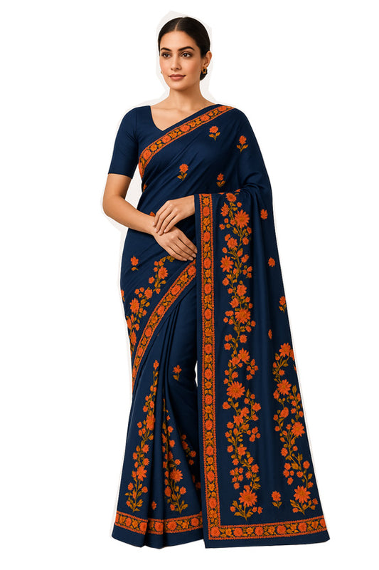 Women's Silk Sarees Embroidered with Kashmiri Aari work | Stylish Saree with Unstitched Blouse Pieces. - Blue