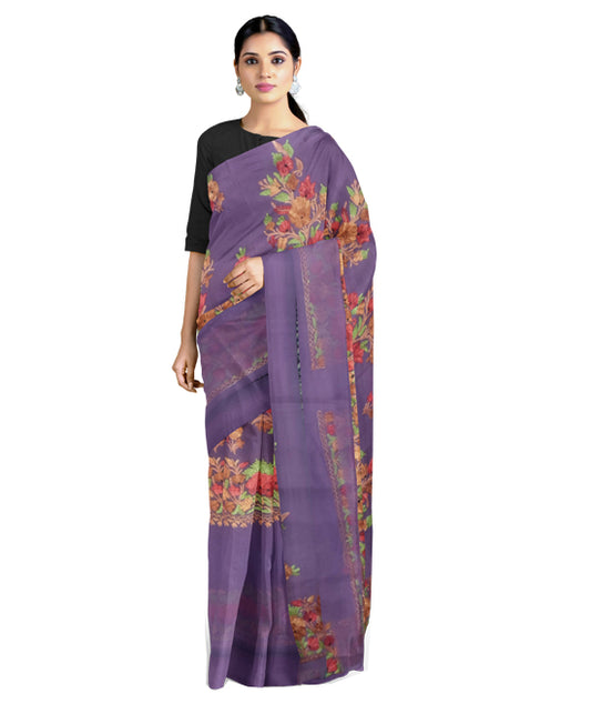 Women's Silk Sarees Embroidered with Kashmiri Aari work | Stylish Saree with Unstitched Blouse Pieces. (Geogrette_Purple-1)