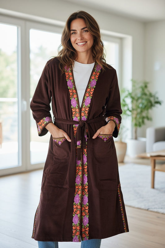Women Woolen Nightgown Dressing Gown Maxi with Kashmiri Embroidery Free Size (Pure Wool, Brown)