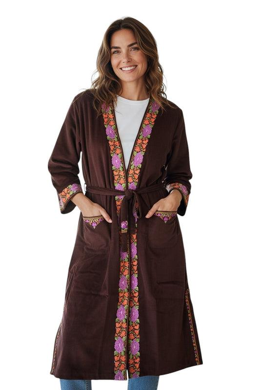Women Woolen Nightgown Dressing Gown Maxi with Kashmiri Embroidery Free Size (Pure Wool, Brown)
