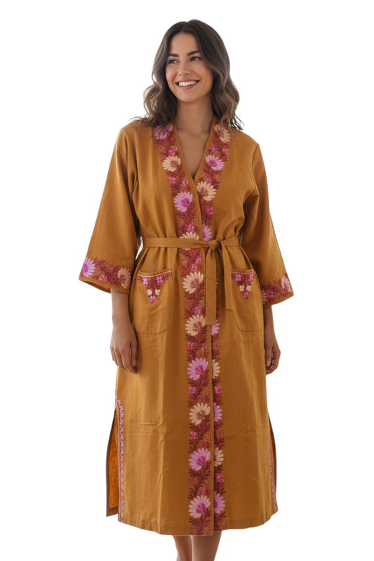 Women Woolen Nightgown Dressing Gown Maxi with Kashmiri Charming Embroidery Free Size (Wool Blend, Mustard-1)