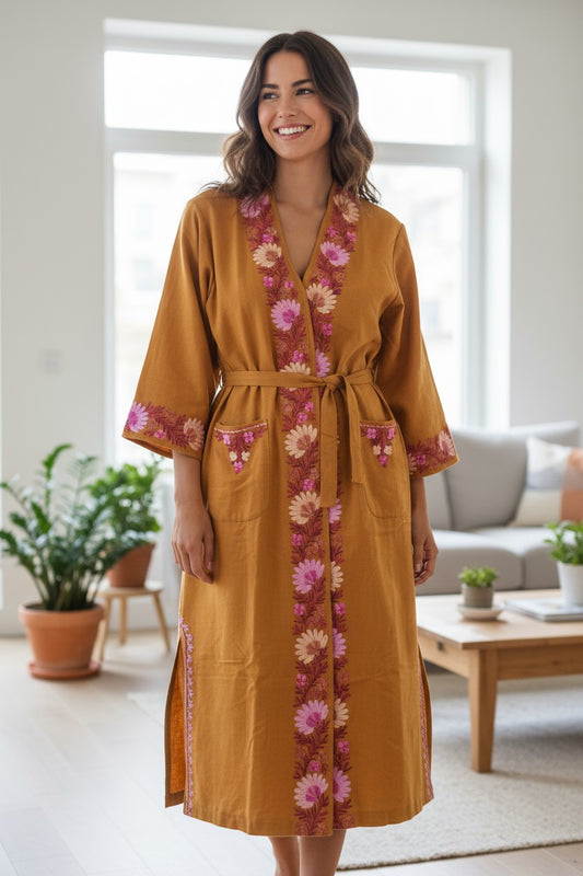 Women Woolen Nightgown Dressing Gown Maxi with Kashmiri Charming Embroidery Free Size (Wool Blend, Mustard-1)