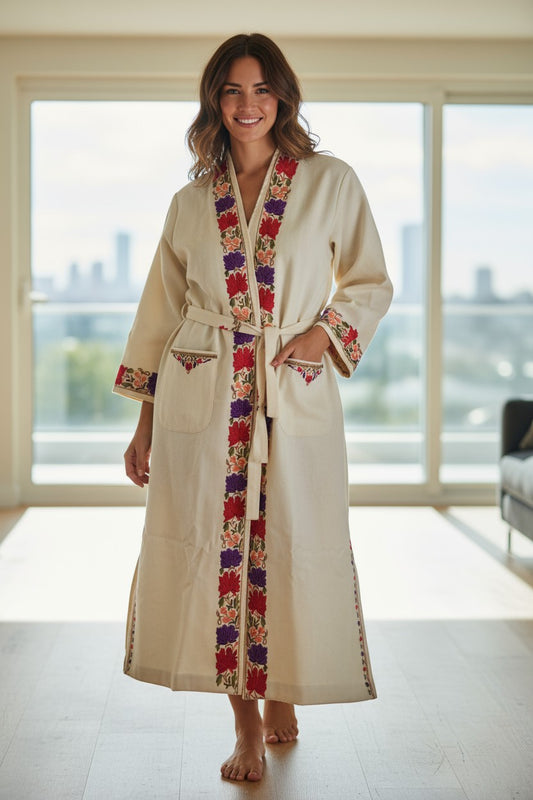 Women Woolen Nightgown Dressing Gown Maxi with Kashmiri Charming Embroidery Free Size (Pure Wool, OffWhite-1)