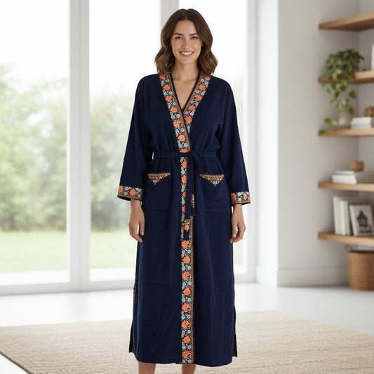 Women Woolen Nightgown Dressing Gown Maxi with Kashmiri Charming Embroidery Free Size (Pure Wool, Blue-4)