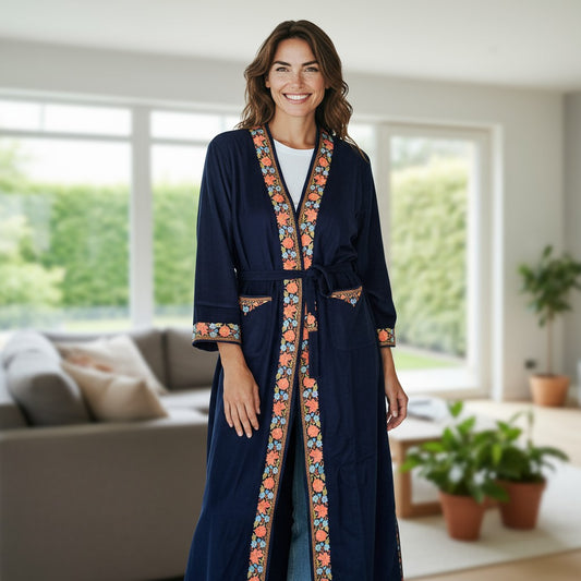 Women Woolen Nightgown Dressing Gown Maxi with Kashmiri Charming Embroidery Free Size (Pure Wool, Blue-4)