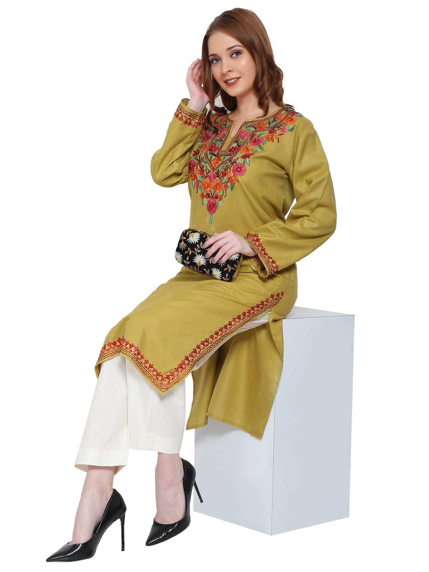 Kashmir Gallery Kashmiri Kurti for Women Cotton Kurti with Embroidery Long A Line Kurtis with Charming Embroidery