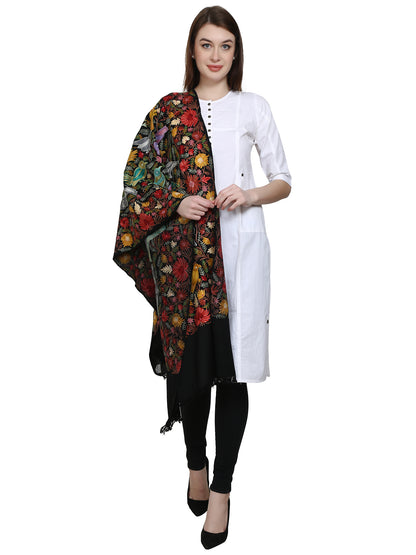 Women Woolen Stole With Kashmiri Embroidery - Black