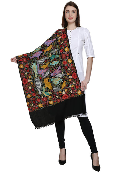 Women Woolen Stole With Kashmiri Embroidery - Black