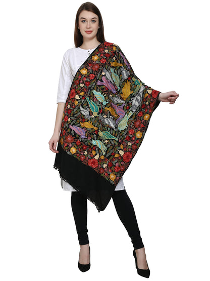 Women Woolen Stole With Kashmiri Embroidery - Black
