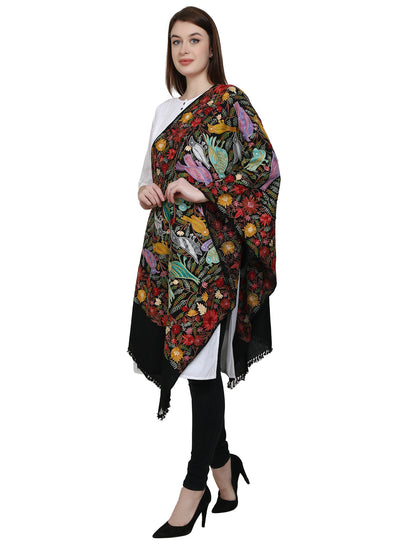 Women Woolen Stole With Kashmiri Embroidery - Black