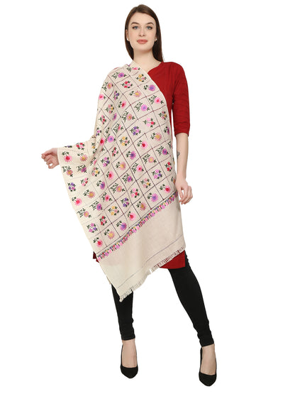 Women Woolen Stole With Kashmiri Embroidery -white