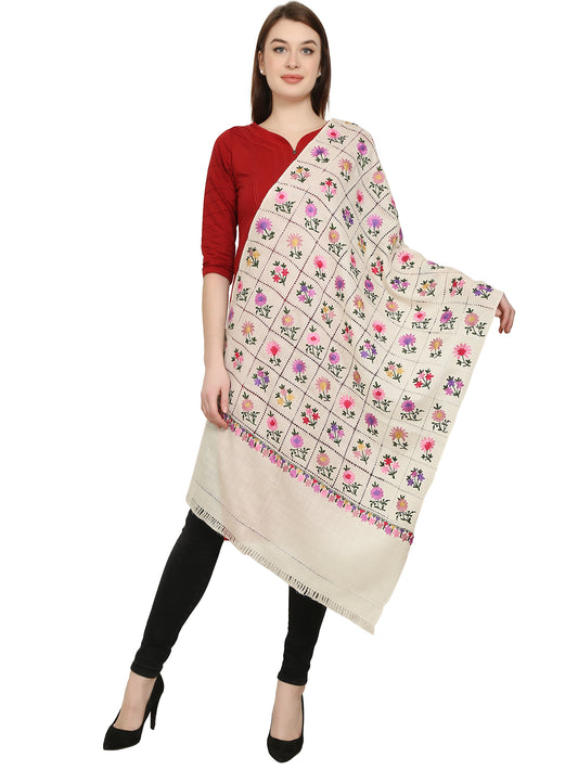 Women Woolen Stole With Kashmiri Embroidery -white