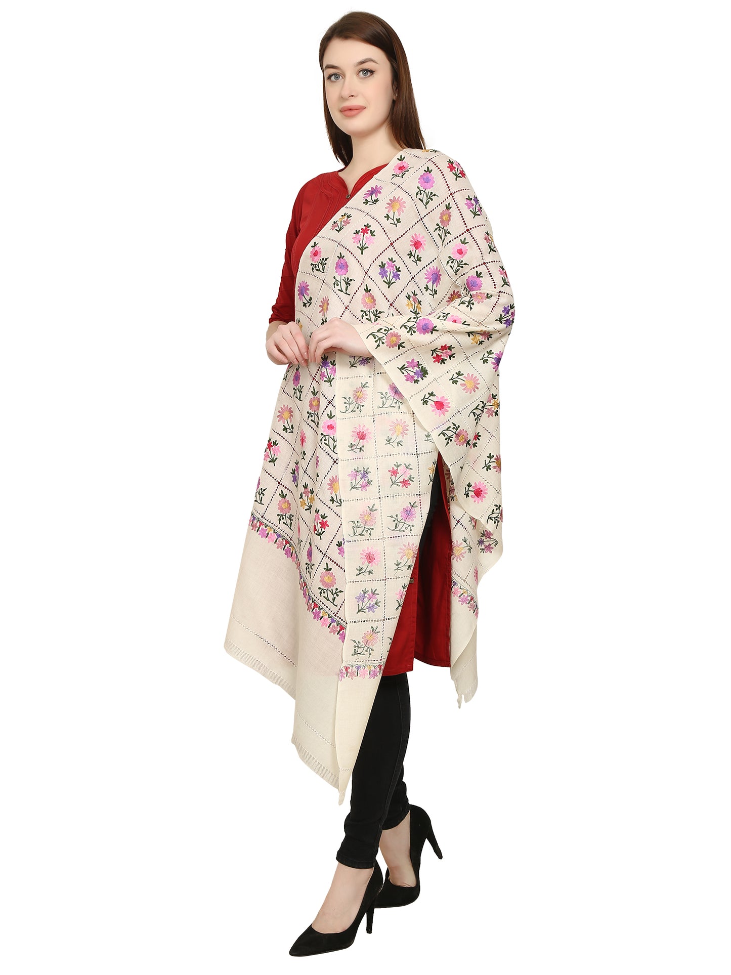 Women Woolen Stole With Kashmiri Embroidery -white