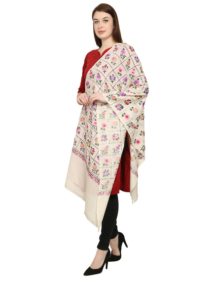 Women Woolen Stole With Kashmiri Embroidery -white