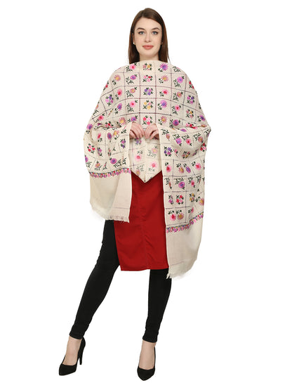 Women Woolen Stole With Kashmiri Embroidery -white