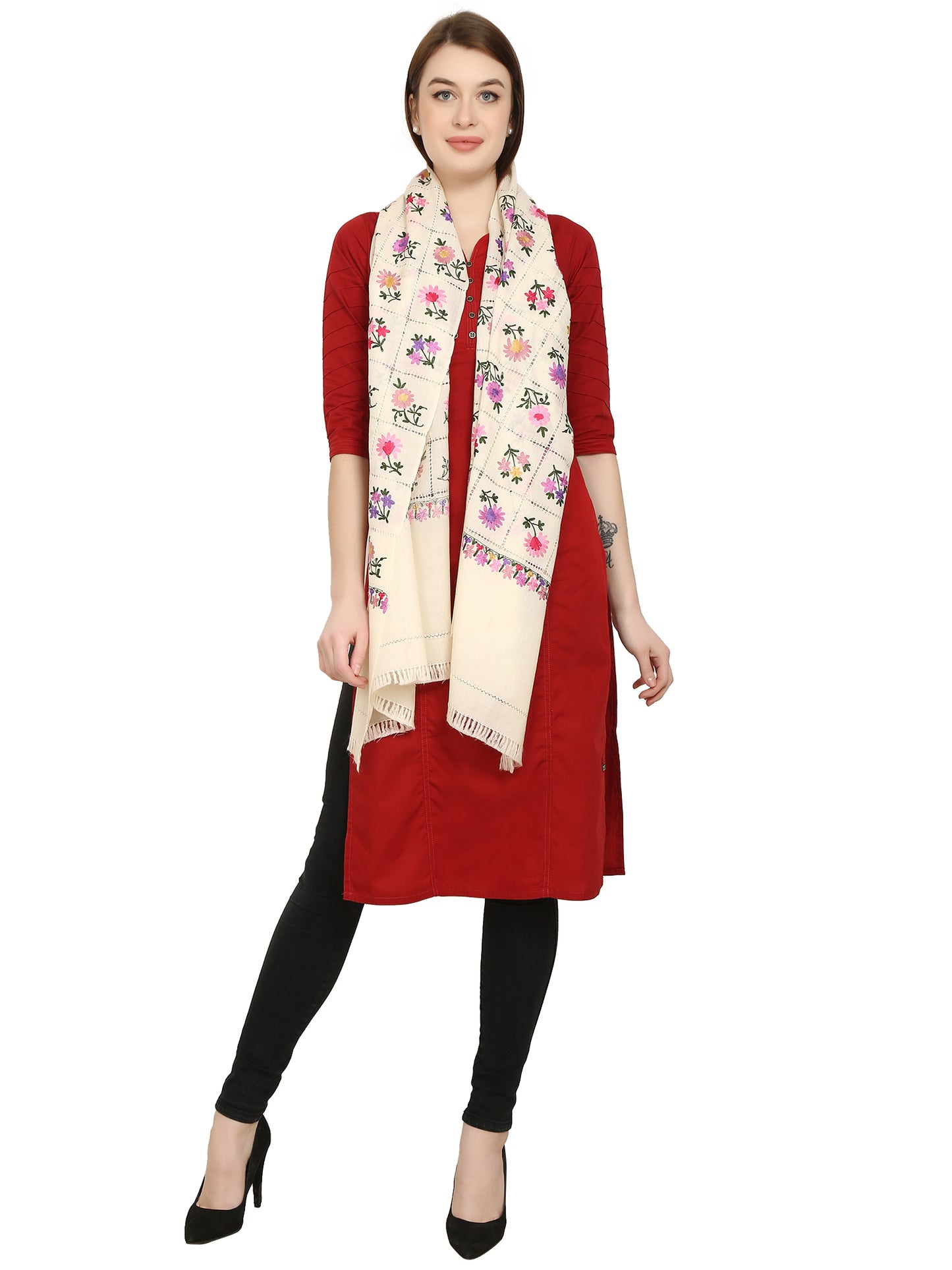 Women Woolen Stole With Kashmiri Embroidery -white