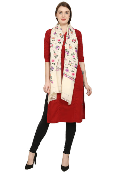Women Woolen Stole With Kashmiri Embroidery -white