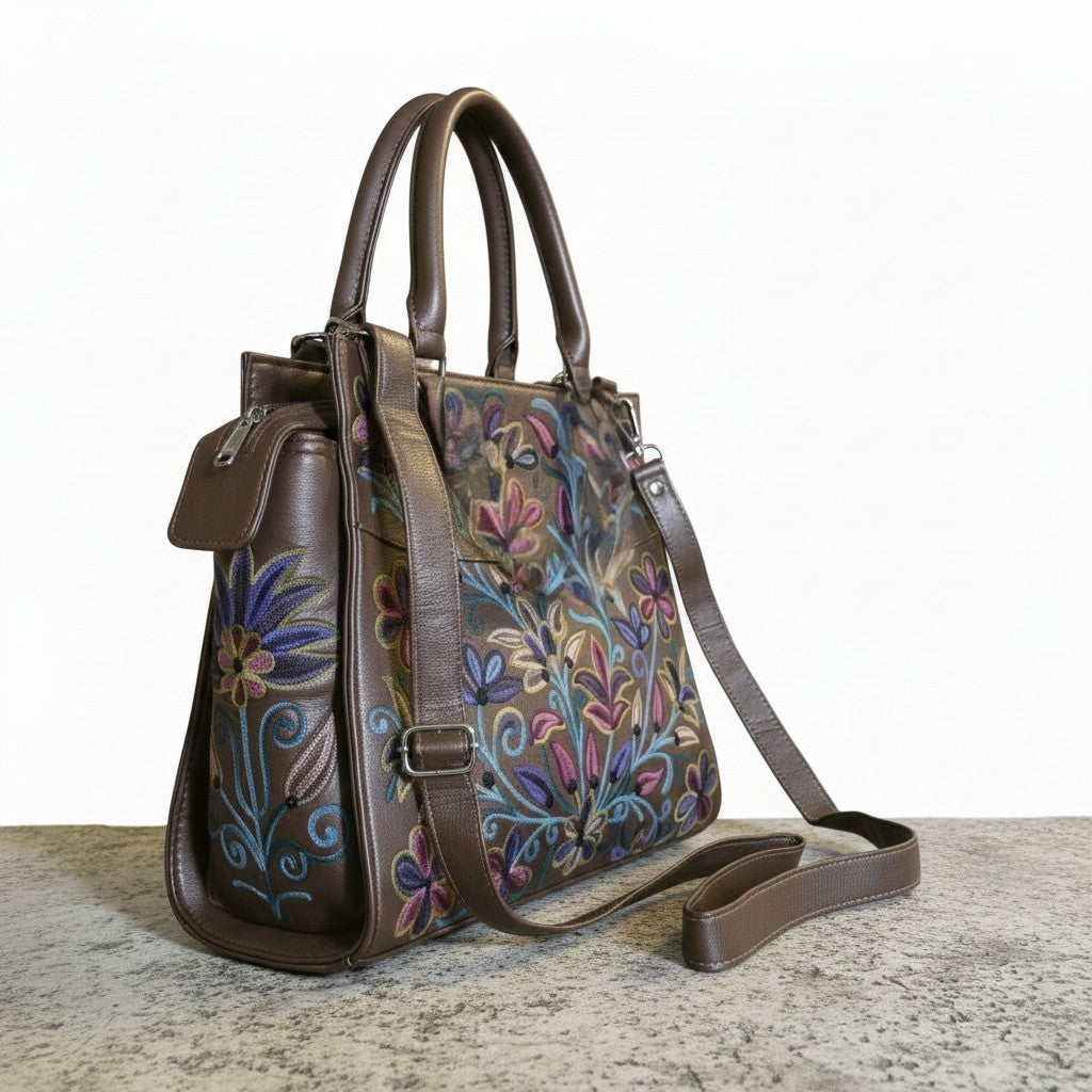 Women Leather Bag With Strap With Gorgeous Kashmiri Embroidery - Dark Grey