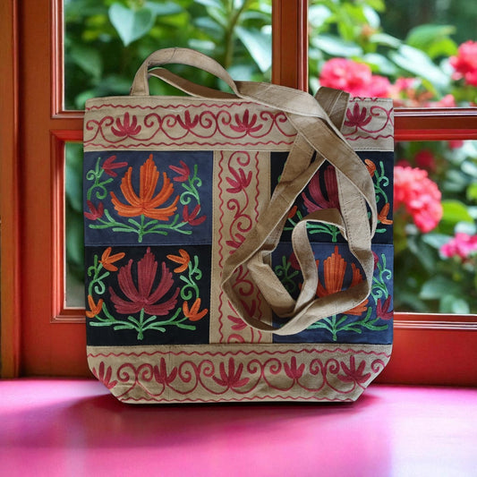 Women Leather Bag With Strap With Gorgeous Kashmiri Embroidery