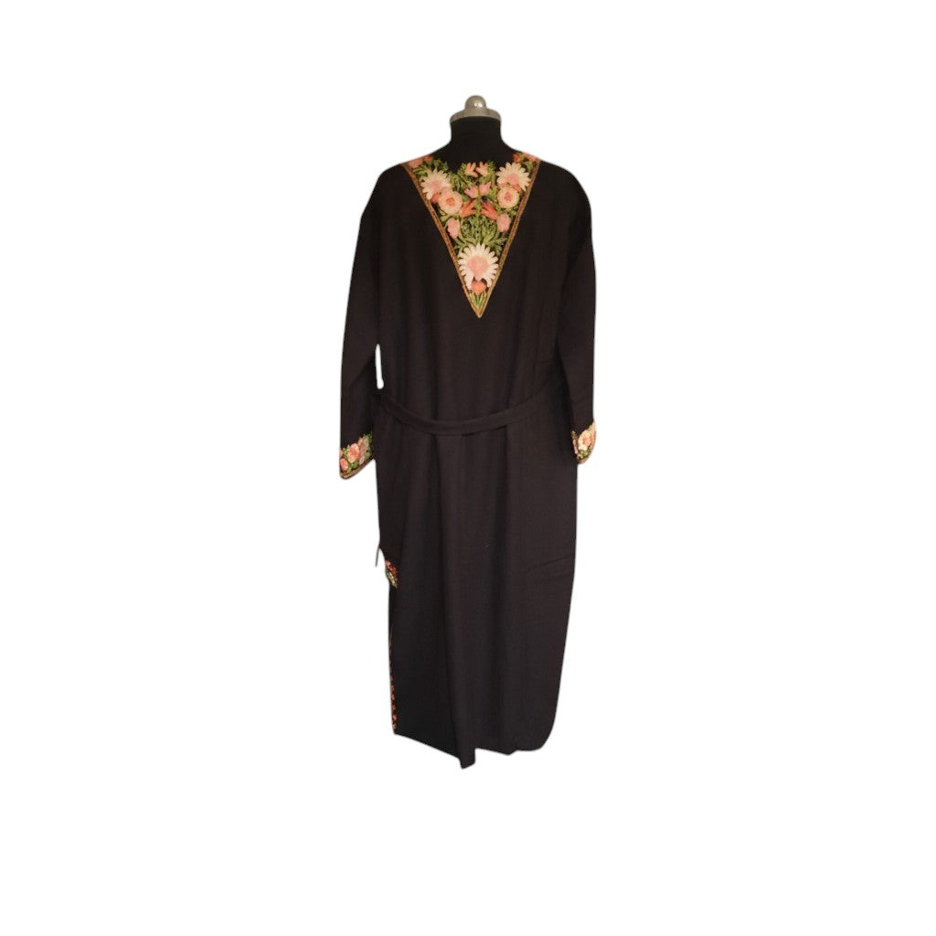 Women Woolen Nightgown Dressing Gown Maxi with Kashmiri Charming Embroidery Free Size (Wool Blend, Black-2