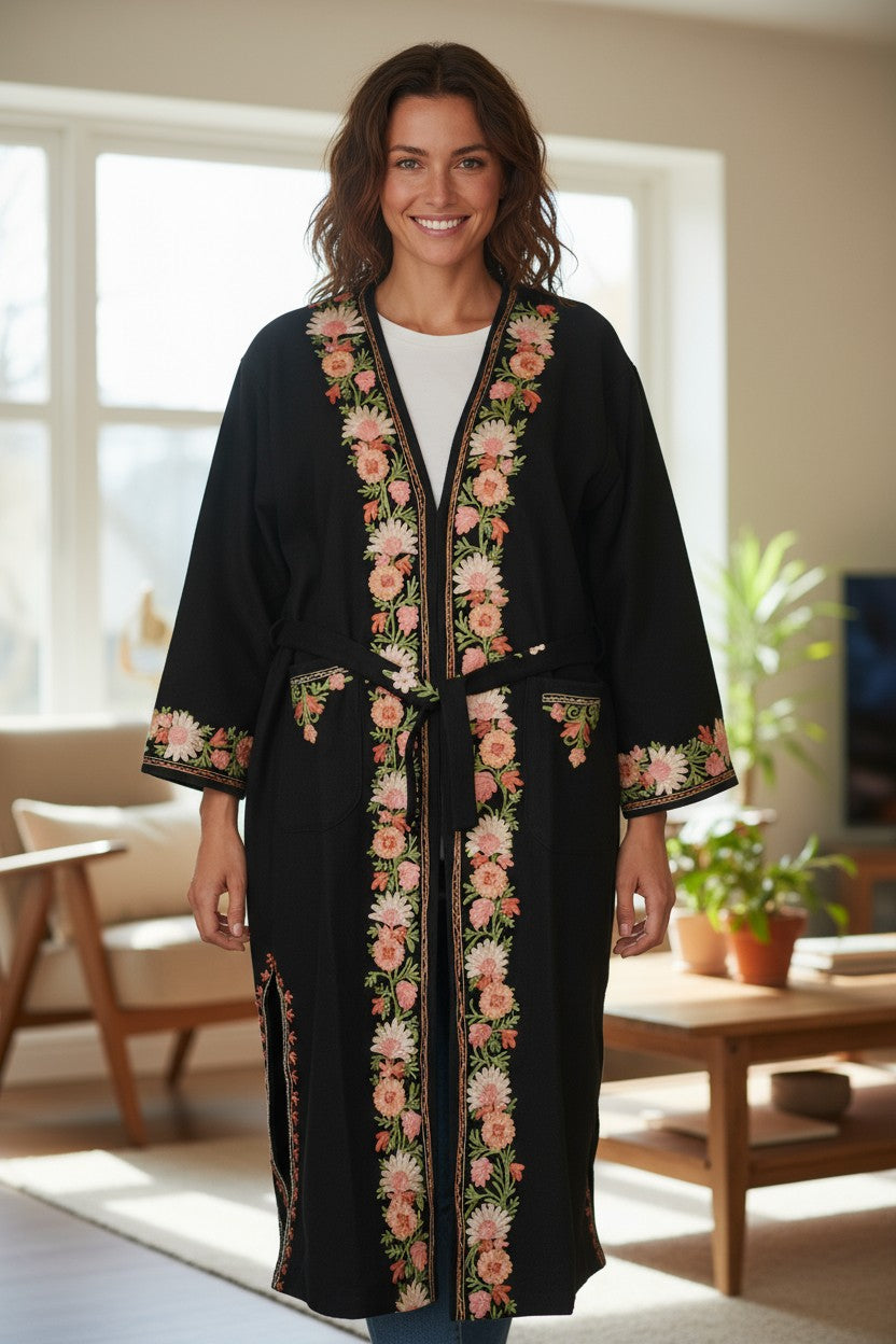 Women Woolen Nightgown Dressing Gown Maxi with Kashmiri Charming Embroidery Free Size (Wool Blend, Black-2