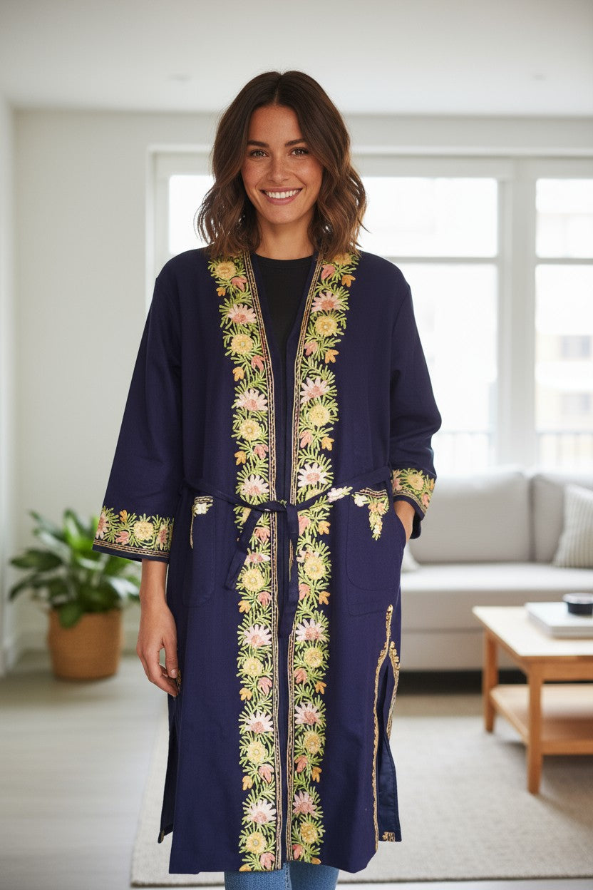 Women Woolen Nightgown Dressing Gown Maxi with Kashmiri Charming Embroidery Free Size (Wool Blend, Blue-2)