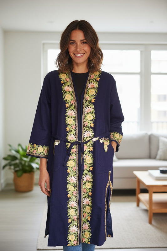 Women Woolen Nightgown Dressing Gown Maxi with Kashmiri Charming Embroidery Free Size (Wool Blend, Blue-2)