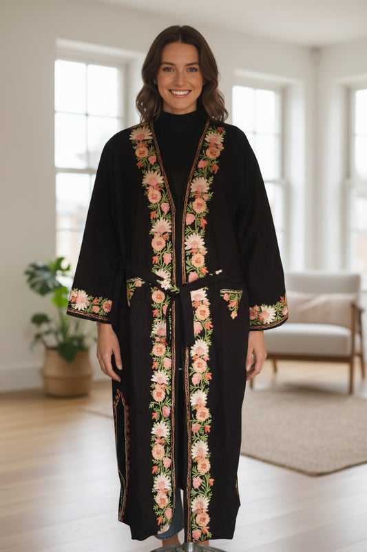 Women Woolen Nightgown Dressing Gown Maxi with Kashmiri Charming Embroidery Free Size (Wool Blend, Black-2