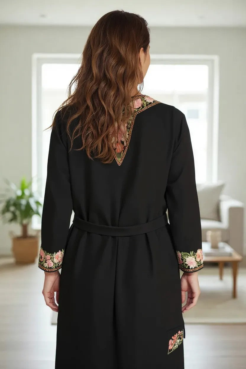 Women Woolen Nightgown Dressing Gown Maxi with Kashmiri Charming Embroidery Free Size (Wool Blend, Black-2